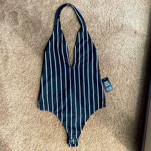 EXPRESS (Brand New - Never Worn) Deep-V Striped Halter Bodysuit